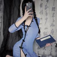 Vintage-Inspired Lace-Trimmed Cheongsam Sleepwear Set - Sexy Split-Hem Silk-Look Nightdress for Women thumbnail