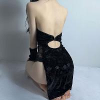 Vintage Lace Backless Velvet Erotic Lingerie Set - High-Slit Retro Qipao Outfit for Passionate Nights thumbnail