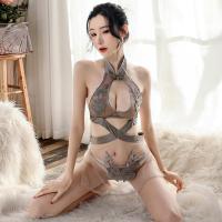 Vintage Lace Cross-Breast Cheongsam Sleep Dress - Sheer Mesh Erotic Lingerie with Floral Embroidery, Sensual Bedroom Wea thumbnail