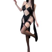Women's Lace Cut-Out Sexy Bodysuit - Open-Slit Provocative Harness Dress with Halter Neck Design thumbnail