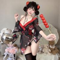 Women's Seductive Japanese-Inspired Lace Kimono Set - Sheer Backless Robe with Alluring Floral Print thumbnail