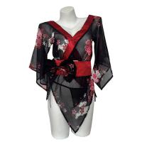 Women's Seductive Japanese-Inspired Lace Kimono Set - Sheer Backless Robe with Alluring Floral Print thumbnail