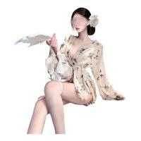 Women's Seductive Lace Kimono Set - Sheer Butterfly Print Sleepwear for Small Bust, Open-Front Sensual Lingerie thumbnail