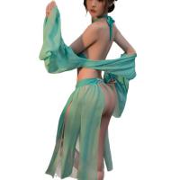 Women's Sensual Hanfu-Inspired Lace Chemise Set - Sheer Chiffon Bodysuit with Halter Neck, Boho-Chic Lingerie thumbnail