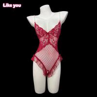 Women's Sensual Pearl-Chain Strap Bodysuit - Sheer Deep V Lace Sleepwear with Open-Crotch Design thumbnail