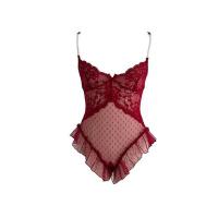 Women's Sensual Pearl-Chain Strap Bodysuit - Sheer Deep V Lace Sleepwear with Open-Crotch Design thumbnail