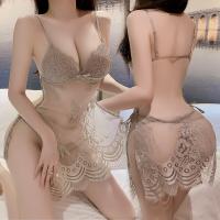 Women's Sexy Backless Sleep Dress - Sheer Lace Deep V-Neck Nightgown with High Slit thumbnail
