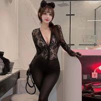 Women's Sexy Lace Bodysuit with Dual Zippers & Open-Crotch Design - Plus Size Sheer Tight-Fit One-Piece thumbnail