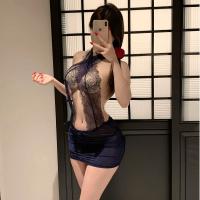 Women's Sexy Lace Secretary Costume Set - Tight Wrap Dress with Halter Neck & Sheer Mesh Skirt thumbnail