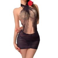 Women's Sexy Lace Secretary Costume Set - Tight Wrap Dress with Halter Neck & Sheer Mesh Skirt thumbnail