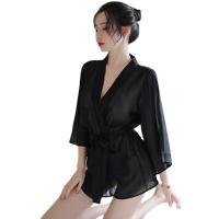 Women's Sexy Sheer Lace Sleepwear Set – Transparent Satin Sleep Robe & Matching Nightgown with Boyfriend Shirt Style thumbnail