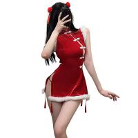 Xianyi Christmas Lingerie Set - Seductive No-Remove Cheongsam Outfit with Sheer Bust, Festive Sexy Costume thumbnail