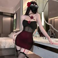 New Year Pure & Tempting Lingerie Skirt - Rose Uniform Sleep Dress with Built-in Pads & Sheer Details thumbnail