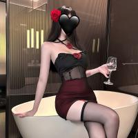 New Year Pure & Tempting Lingerie Skirt - Rose Uniform Sleep Dress with Built-in Pads & Sheer Details thumbnail