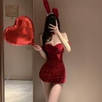 New Year Red Halter Bunny Costume - Sparkly Bow Bodysuit for Cosplay & Live Streaming thumbnail