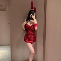 New Year Red Halter Bunny Costume - Sparkly Bow Bodysuit for Cosplay & Live Streaming thumbnail