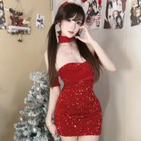 New Year Sexy Velvet Bodysuit with Sparkles - Christmas Bunny Girl Lingerie Set, Seductive Sleepwear & Outfit thumbnail