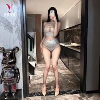 Yese Yese Lace Trim Mesh Bodysuit Set - Sheer Floral Cut-Out Matching Bra & Panty Ensemble thumbnail