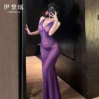 Yi Mengyao Seductive Stepmother Dress - Deep V Lace Camisole Nightgown with Sheer Mesh & Bow Detail thumbnail