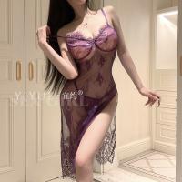 Yiyue Sexy Purple Lace Nightgown - Sheer High-Slit Sleepwear with Underwire Push-Up Support for Women thumbnail