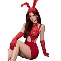 Genuine Yun New Year Red Lingerie Set - Sexy Lace Cut-Out Sleep Dress & Bunny Girl Outfit for Women thumbnail