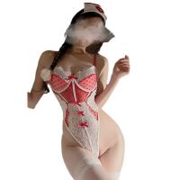 Zeyou Sexy Nurse Costume Set – Lace Trim Bodysuit with Heart & Bow, Sheer Mesh Top & Matching Nurse Hat thumbnail