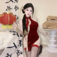 Zimei Red Silk Velvet Chinese-Style Lingerie Set with Traditional Knotted Buttons & Sheer Cutouts – New Year Sensual Qip thumbnail