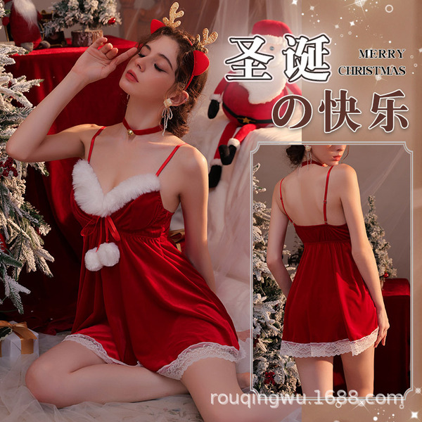 Sexy velvet red christmas lingerie set with reindeer headband, perfect for new year, halloween, and date nights