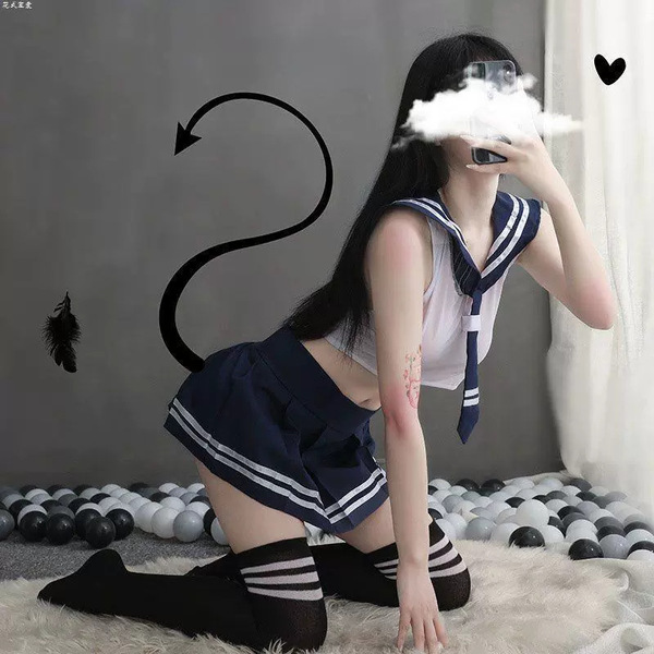 Sexy womens role play student outfit featuring a sailor-style uniform, sheer stockings, and an open-crotch design for easy we...