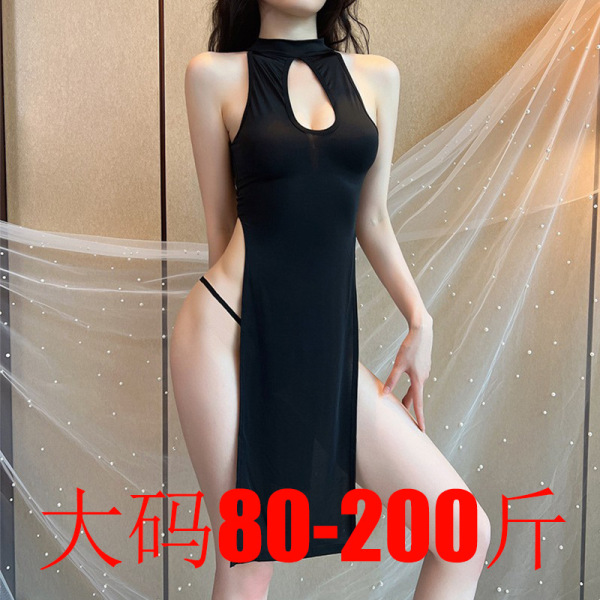 Woman wearing black high-waist split cheongsam lingerie set with sheer overlay, reversible seductive bedroom outfit, no-remov...