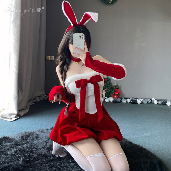 Sexy mesh bodysuit dress for nightclub & new year cosplay, featuring festive bunny ears and a red bow, perfect for holiday-th...