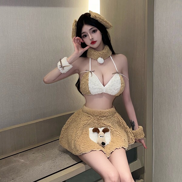 Sexy new year lingerie set featuring cute plush bear anime costume, perfect for nightclub outfits.