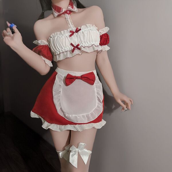 Sexy maid costume with red and white colors, featuring ruffles and bows, perfect for festive occasions or themed events.