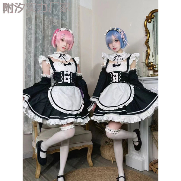 Two women dressed as maid characters from re:zero, featuring detailed black and white outfits with ruffles and bows, perfect ...