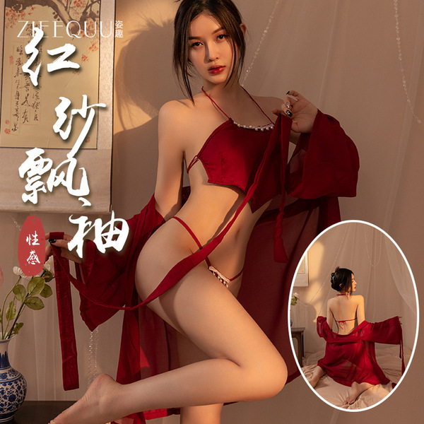 Zifeqqu ancient chinese lingerie set featuring silk hanfu bodysuit, sheer veil, and sensual sleepwear perfect for new year ro...