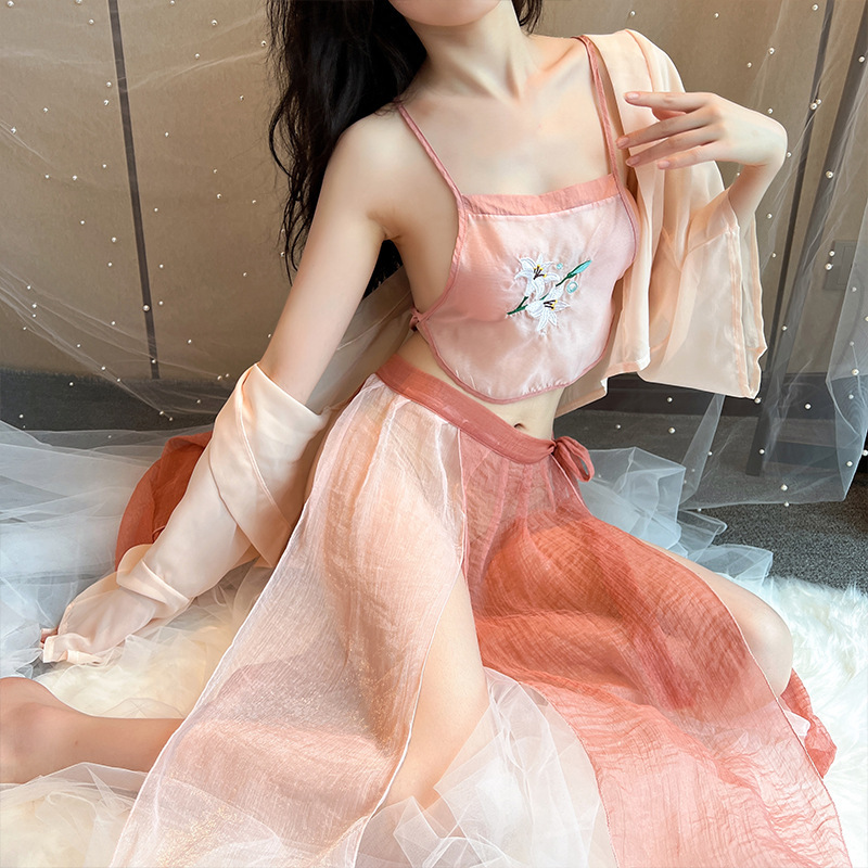 Vintage-inspired sensual silk cheongsam bralette set with floral embroidery, perfect for date night elegance.