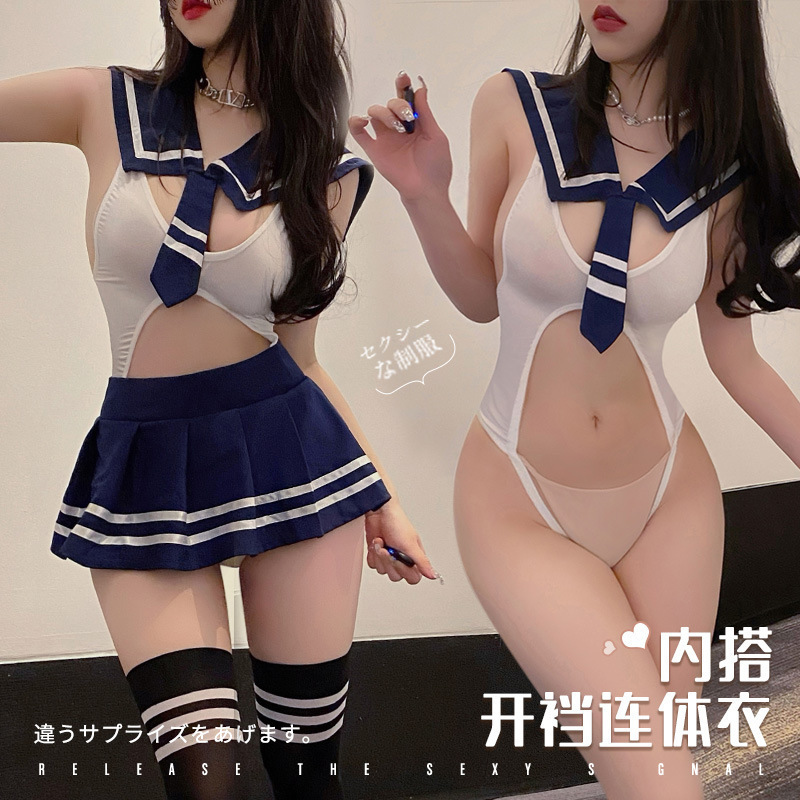 Seductive open-crotch one-piece bikini with sailor collar, perfect for bedroom passion wear.
