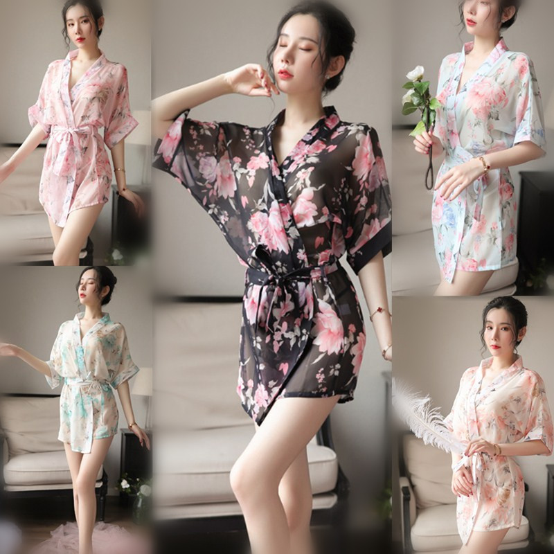 Womens sexy lace-trimmed uniform-style silk-look sleepwear set with floral print robe, featuring elegant floral designs and s...