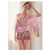Butterfly Print Sheer Chiffon Japanese Kimono Lingerie Set - Sexy Bathrobe Outfit for Women thumbnail