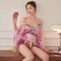 Butterfly Print Sheer Chiffon Japanese Kimono Lingerie Set - Sexy Bathrobe Outfit for Women thumbnail