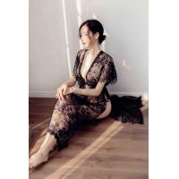 Black Lace Sleep Dress with Sheer Mesh & High Slit – Sexy Long Nightgown for Women, Elegant Bridal Lingerie thumbnail