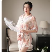 Women's Sexy Lace-Trimmed Uniform-Style Silk-Look Sleepwear Set with Floral Print Robe thumbnail
