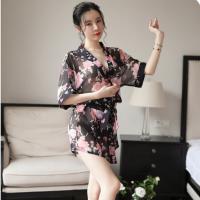 Women's Sexy Lace-Trimmed Uniform-Style Silk-Look Sleepwear Set with Floral Print Robe thumbnail