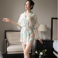 Women's Sexy Lace-Trimmed Uniform-Style Silk-Look Sleepwear Set with Floral Print Robe thumbnail