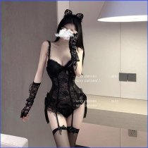 Seductive Lace Lingerie Set with Sheer Mesh Bodysuit & Garter Stockings for Women