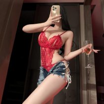 Night-Silk Sensual Open-Crotch Lace Bodysuit - Sheer Pure-Delight Sleep Dress Set for Women
