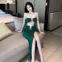 Emerald Green Sexy Lace Wrap Dress - High Slit Backless Nightclub Lingerie Set for Women