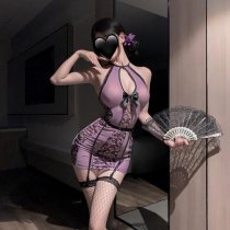 Sexy Vintage Lace Cheongsam Lingerie Set - Sheer See-Through Sleepwear & Seductive Nightgown Outfit