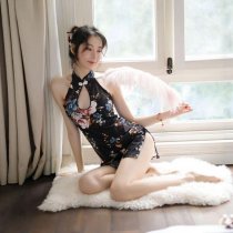 New Chinese Style Qipao Lingerie Set - Floral Halter Bodysuit Sleep Dress, Retro Sexy Modernized Design