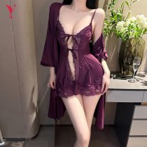 Yese Yese Lace Trim Hollow-Out Cami Sleep Dress with Matching Robe - Sexy Lingerie Set for Women